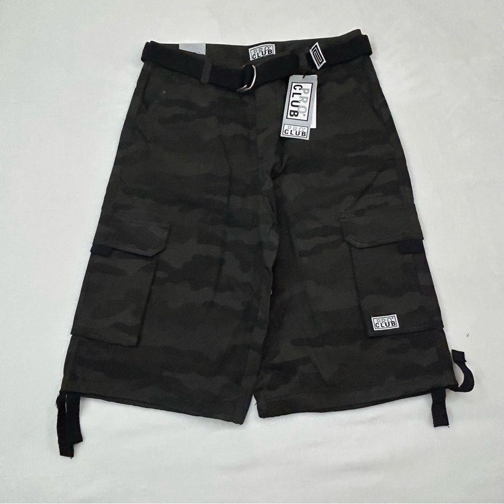 Pro Club Cotton Twill Military Black Camo Below Knee Cargo Shorts w/ Belt Men’s